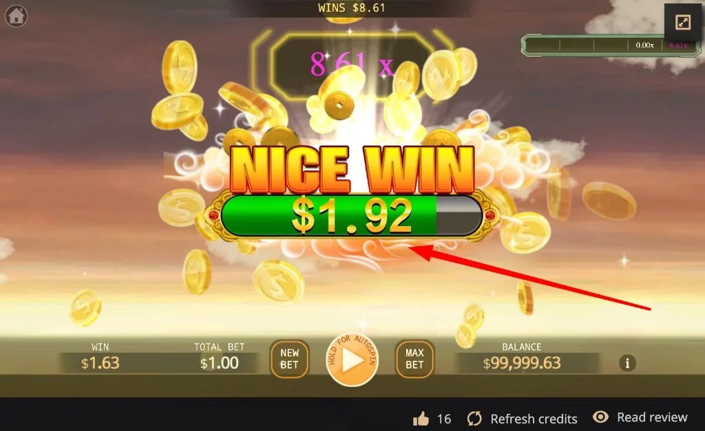 A Nice Win message with a win at an 8.61x multiplier